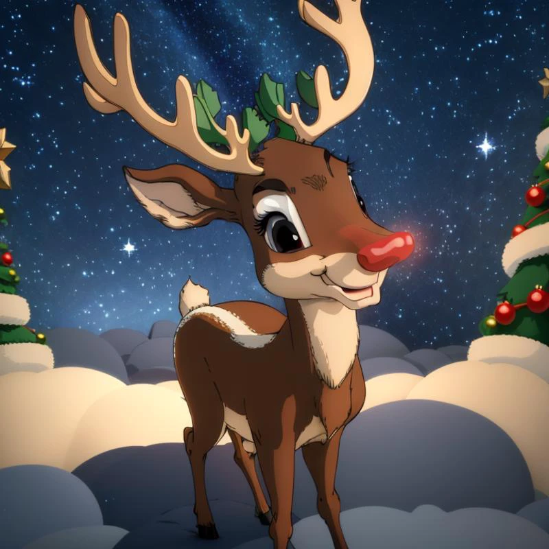 <lora:noelia_ponce_style:0.8>,((masterpiece,best quality)), <lora:Rudolf_Red_Nose:0.8>, Rudolf_Red_Nose, solo, Reindeer, animal focus, full body, solo, smile, looking at viewer, Christmas, Christmas tree