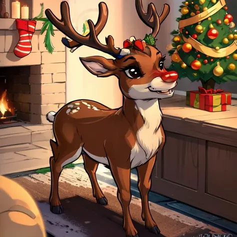 <lora:twistedscarlett60_style:0.8>,((masterpiece,best quality)), absurdres, <lora:Rudolf_Red_Nose:0.8>, Rudolf_Red_Nose, solo, Reindeer, animal focus, full body, solo, smile, looking at viewer, Christmas, Christmas tree