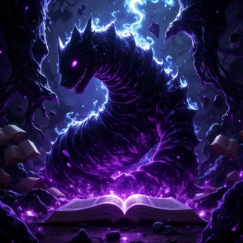 A shadowy version of the library worm, slightly larger with a dark, black body. The worm is surrounded by the remnants of a magical book, with faint purple lines glowing across its segmented form. The atmosphere is eerie and magical, with arcane symbols faintly glowing from the ruined pages. The worm is actively devouring the magical energy from the book, as enchanted books float around the dark, forgotten library. The image has a mystical and ominous feel, emphasizing the wormâs connection to dark magic.