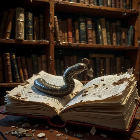 A small, one-inch long gray worm known as a library worm, with a segmented body and the ability to blend into its surroundings. It is surrounded by a ruined book, with holes eaten through the paper and leather, leaving destroyed pages scattered around. The worm has a subtle, almost translucent texture, making it hard to see against the damaged bookshelf full of old, tattered books. The atmosphere feels quiet and ominous, with the library in a state of neglect. The image emphasizes the worm's destructive nature in an otherwise intellectual environment., <lora:HyperSD-Accelerator-FLUX-PAseerV2:1>