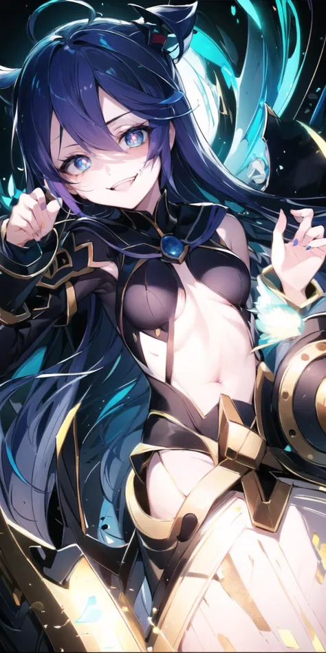 best quality, 1girl, looking at viewer, ((empy eyes)), big breast, shadow on the forehead, (madman smile), ((small iris)), deep of field, (((Gesugao face))), half body, ((cast shadow below eyes)), <lora:GesugaoFaceV1:0.8>