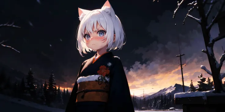 ASCII(cinematic composition, cinematic lighting, symmetry:1.3, (intricate detail:1.2)),
BREAK (1girl, solo, standing, white hair, cat ears, red eyes, arms at sides, orange eyes, black kimono, upper body),
scenery, landscape, (winter theme:1.3)