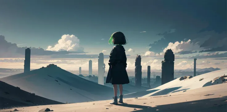 absurdres, highres, ultra detailed, (1girl:1.3), BREAK (selected color green:1.3) BREAK, Create an image of a desolate, distant view, with barren landscapes, dramatic skies, and a sense of isolation. BREAK, Design an image using the contrast of line art and silhouettes, highlighting the interplay of positive and negative space.