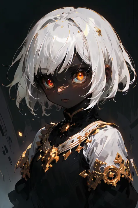 ASCII(masterpiece, best quality, cinematic composition, cinematic lighting, symmetry:1.3, intricate detail, simple background, black background),
(1girl, solo focus, portrait, standing, upper body, looking at the viewer, white hair, medium hair, shiny hair, tan, shiny skin, (white eyes), glowing eyes, detailed eyes, wide-eyed, eyelashes),
<lora:poodlepunk:0.5>