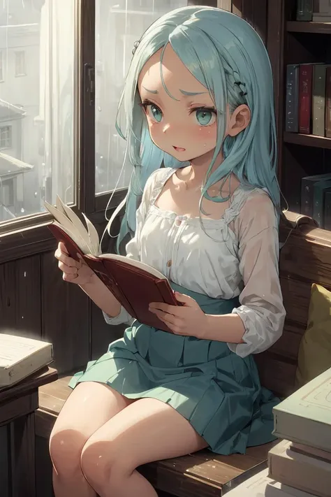 (masterpiece, best quality), female late twenties, brawny, sub-saharan african, green eyes,  fleshy nose,    widows peak forehead, rectangular face shape,   laugh lines, pastel blue cornrows hair, gratitude wearing flounce skirt, satin cami,  , hand on thigh, placing a hand on the thigh, adding a hint of sensuality and confidence, rainy window lighting, soft, diffused light through raindrops on a window, creating a cozy and intimate mood, a lively bookstore, with cozy reading nooks and book lovers browsing the shelves