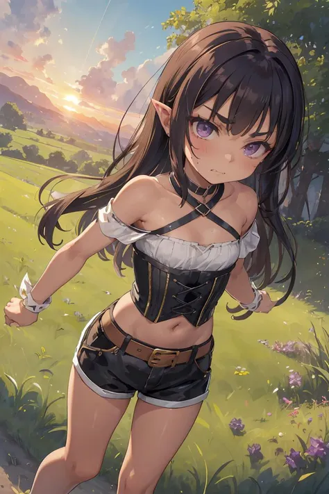 (masterpiece, best quality), female adolescence, angular, polynesian, violet eyes, split ears,  square chin,    unusual face shape,   , dark chestnut beehive hairstyle hair, envy wearing belted shorts, corset-style crop top,  tiaras with crystal accents,, biting lip, biting the lower lip with a flirtatious expression, conveying playfulness and allure, sunrise lighting, the soft, gradual light of a sunrise, symbolizing new beginnings and hope, a picturesque countryside, with rolling hills, green meadows, and grazing animals