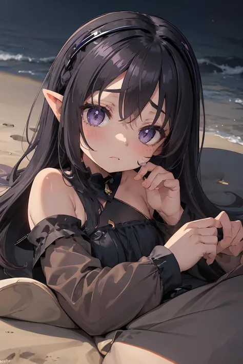 (masterpiece, best quality),female youth, ripped, middle easterner, violet eyes, cupped ears, long nose,    curved forehead, square face shape with round forehead,   halloween makeup , light black (soft black) bob with bangs hair, loneliness wearing tank romper, cold-shoulder blouse,  crown braid,, lying on stomach, lying on the stomach with a captivating gaze, evoking vulnerability and allure, enchanting forest lighting, a combination of moonlight and dappled light, adding a fairy-tale-like charm, a sunny beach, with families building sandcastles and enjoying the ocean