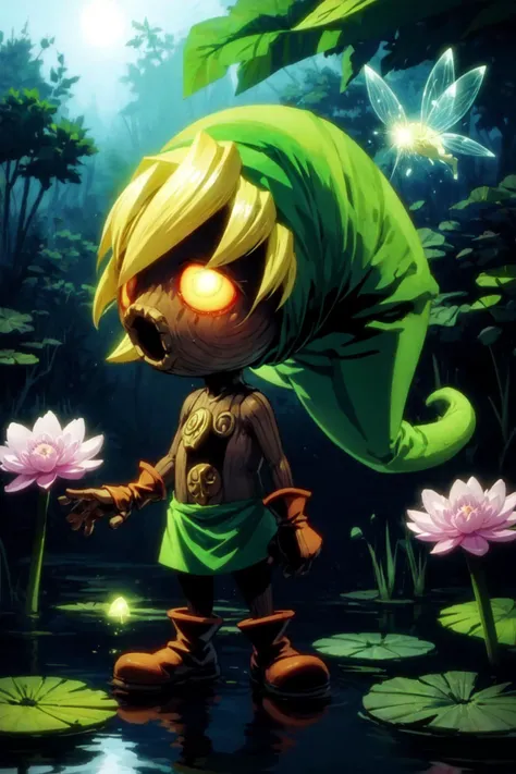 <lora:Deku_Link_Zelda:0.8>, Deku_Link_Zelda, blonde, glowing eyes, brown boots, no human, big waterlily, swamp, trees, giant mushrooms, big flowers, fairy, <lora:add_detail:0.7>,