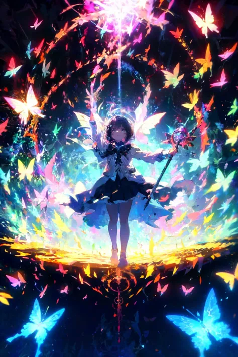 (masterpiece, best quality, ultra detailed), magical, particle, butterfly, 1girl, solo, magical girl, (Staff:1.2), <lora:UnlimitedBladeWorks1.6:0.9>, glowing Magic Circle, <lora:Magic Circle_20230812103010:0.8>, floating, cool theme,