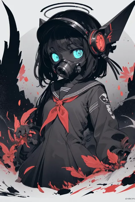 (official art, unity 8k wallpaper, ultra detailed, best quality),
(zentangle, mandala, tangle, entangle:0.6), (red, black), flat color, limited palette, low contrast,
1girl, solo, serafuku, long black hair, lycoris flower, (goat skull:1.2), (horror, gloomy), (cyber:0.8), visor, gas mask, halo