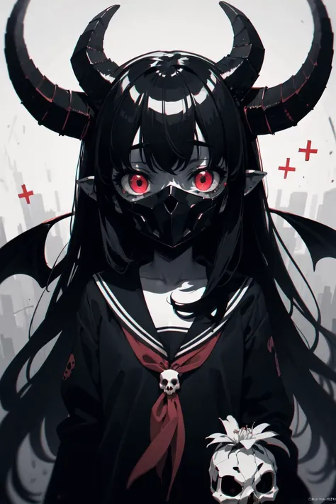 (official art, unity 8k wallpaper, ultra detailed, best quality),
(zentangle, mandala, tangle, entangle:0.6), (red, black), flat color, limited palette, low contrast,
1girl, solo, serafuku, long black hair, lycoris flower, (goat skull:1.2), (horror, gloomy), (demon mask:1.2)