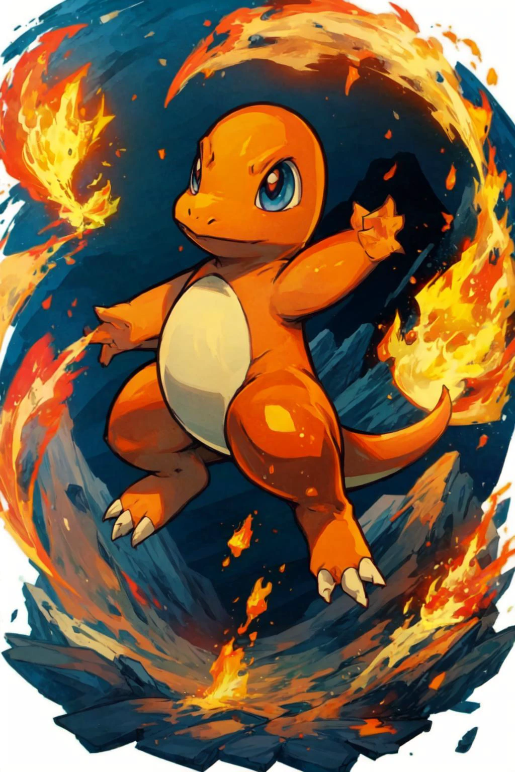 solo, dynamic pose, <lora:Charmander_Pokemon:0.8> Charmander_Pokemon, pokemon_\(creature\), volcano, lava, <lora:add_detail:0.7>, <lora:tachi-e:1> white background, full body, <lora:Concept - Pyromancer:0.3> pyromancer, fire,