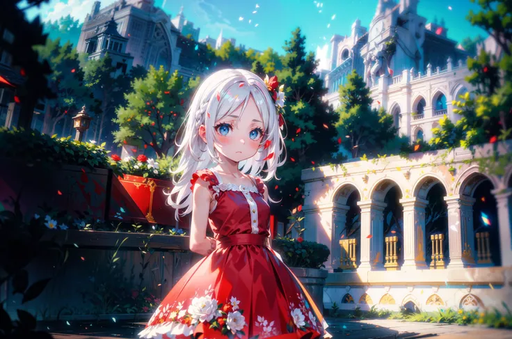 (cinematic composition, cinematic lighting, symmetry:1.3),1girl,solo,standing,white hair,roses in hair,blue eyes,arms at sides,red dress,floral print dress,white flower on dress,blurry background,blurry forest,, masterpiece,8k resolution,HDR,