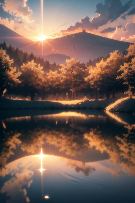 golden-hour soft-lighting cinematic-lighting (no-humans:1.5) warm-tones sun-flare soft-shadows vibrant-colors painterly-effect dreamy-atmosphere BREAK scenic-lake distant-mountains willow-tree calm-water reflection sunlit-clouds peaceful-ambiance idyllic-sunset ultra-detailed official-art unity-8k-wallpaper zentangle mandala