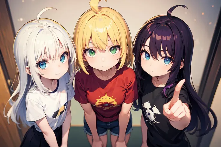 (masterpiece, best quality), 3girls, pale skin, expressionless, blue eyes, (ahoge:1.3), white hair, absurdly long hair, white tshirt, indoors, smile, bokeh, happy, black skirt, adult, mature, pov
AND (masterpiece, best quality), 3girls, expressionless, green eyes, ahoge, yellow hair, medium hair, red tshirt, indoors, bokeh, (denim shorts:1.1), adult, mature, medium breasts, pov
AND (masterpiece, best quality), 3girls, pale skin, expressionless, (blue eyes:1.2), (ahoge:1.1), black hair with purple streaks, absurdly long hair, black tshirt, indoors, bokeh, expressionless, pants, half-closed eyes, pov, pointing at viewer, hair between the eyes