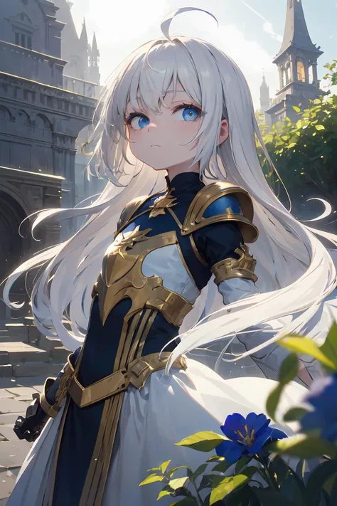 masterpiece, best quality, highres, 1girl, outdoors, (fantasy:1.3, majestic architecture:1.3), blue and white dress, (close-up:1.1), white hair, absurdly long hair, ahoge, blue eyes, oil painting, post-impressionist, soft lighting, looking at viewer, (pale skin:0.9), expressionless, dark, bloom, flat chest, half-closed eyes, tyndal effect, bokeh, armored