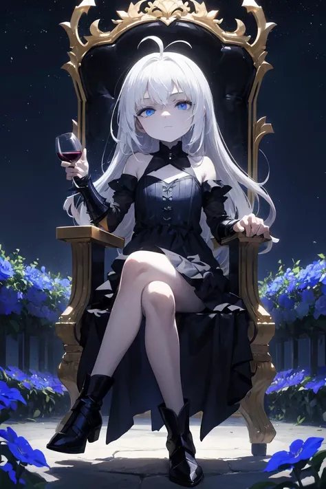 (masterpiece, best quality), 1girl, solo, blue eyes, white hair, absurdly long hair, ahoge, starry sky, night, starry sky, setting a magical and romantic tone, (pale skin:0.9), expressionless, looking at viewer, sitting on throne, (drinking wine:1.2), flower vines, nightgown, black dress, intricate, expressionless, half-closed eyes, blue flowers, ruins, eerie, blue theme, armored boots, gauntlets, dynamic camera, cold attitude, crossed legs
