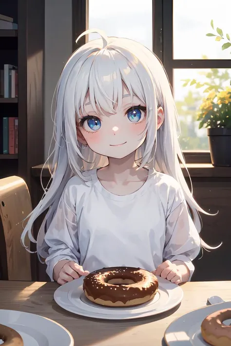 (masterpiece, best quality), 1girl, pov, pale skin, expressionless, blue eyes, ahoge, white hair, absurdly long hair, white tshirt, indoors, window, flower pot, smile, bokeh, plate with donut, happy