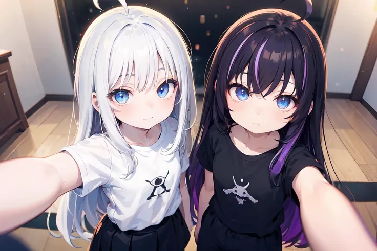 (masterpiece, best quality), 2girls, pale skin, expressionless, blue eyes, ahoge, white hair, absurdly long hair, white tshirt, indoors, smile, bokeh, happy, pov, black skirt, adult, mature
AND (masterpiece, best quality), 2girls, pale skin, expressionless, blue eyes, ahoge, black hair with purple streaks, absurdly long hair, black tshirt, indoors, bokeh, expressionless, pov, pants, half-closed eyes