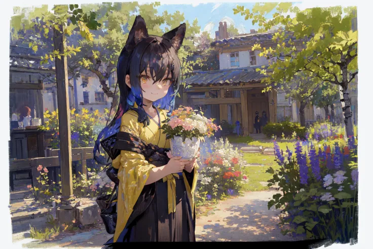 (rich gradient, extreme colors, extreme details, clear light perception, cinematic composition, (impressionist:1.4), (intricate detail:1.3), blurry foreground),
BREAK (1girl, solo:1.3, cute, blue hair, hair between eyes, sidelocks, long hair, fox ears, yellow eyes, arms at sides, black kimono, blush, smile),
(flower, garden, grass, stone step road, flowerpot, birch, holding a flower basket) <lora:fuzichoco-768:0.8>