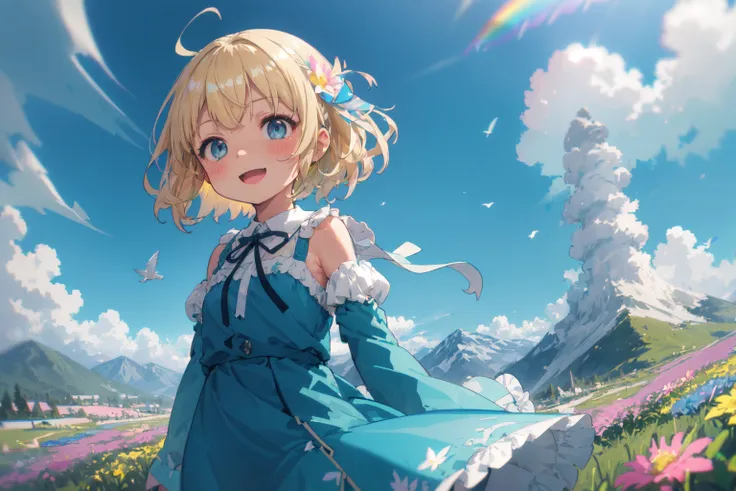 ([sketch|watercolor]:1.2), pastel colors, (chromatic aberration:1.2), intense shadows, cumulonimbus cloud, birds, rainbow, 1girl, blonde hair, short hair, wavy hair, (hair ribbon, blue ribbon:1.2), detached sleeves, blue dress, (portrait:1.2), :d, flowing hair, scenery, mountains, colorful grass fields, (flowers:1.2), floating leaves, (wind:1.2), obelisk