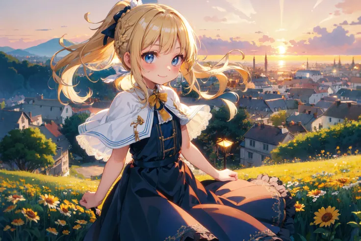 best quality, masterpiece, extremely detailed, detailed background, 1girl, solo, yellow hair, blue eyes, braid, long hair, wavy hair, fluffy hair, ponytail, french braid, blush, smile, capelet, lace trim, bodice, sunset, dusk, scenery, high place, horizon, wind, wind blow, flowerbed, looking at viewer, depth of field, bokeh