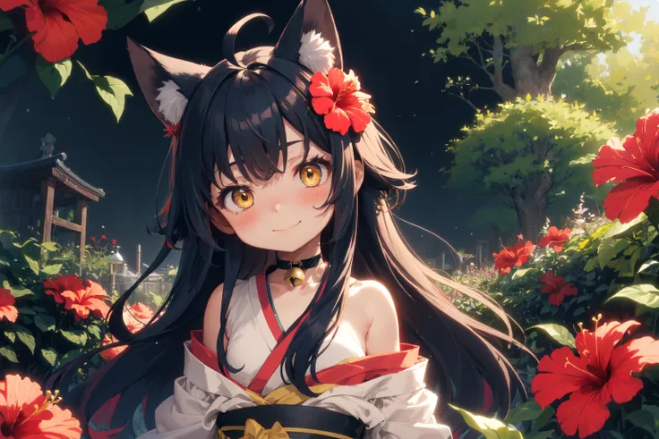 shadows, outline, shrine, ((garden, hibiscus)), overgrown upper body, blush, head tilt, 1girl, blue hair, absurdly long hair, ahoge, yellow eyes, long fox ears, sidelocks, fox tails, light smile, looking at viewer, floating hair, flower hair ornament, kimono, off shoulder, bell choker