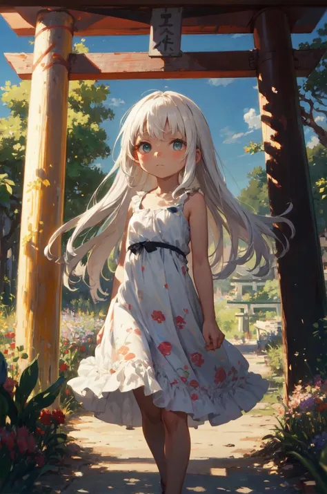 1girl, monet color, standing, torii, floral print, sundress, close shot, white hair, long hair, the whole body, oil painting, post-impressionist, (face upward:0.7), soft lighting