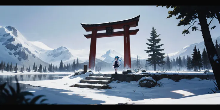 ASCIImasterpiece, best quality, cinematic composition, cinematic lighting, letterboxed, symmetry:1.3),
BREAK, (1girl, solo, cirno, standing, ice wings),
abandoned kitsune shrine in the woods, in the mountains, scenery, landscape, (white theme:1.3)