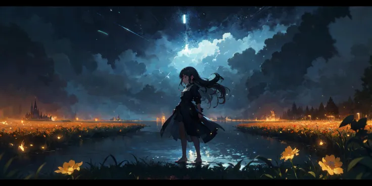 (fantasy:1.5, intricate detail, detailed background, masterpiece, best quality, cinematic composition, cinematic lighting, letterboxed, symmetry:1.3, colorful, vivid lights), BREAK, (1girl, solo, dynamic shot, dynamic pose, long hair, sky, wind, red flower, lake), BREAK, (monet color, oil painting, post-impressionist, soft lighting, melancolic, dreamlike, fireflies, night:1.3, storm)