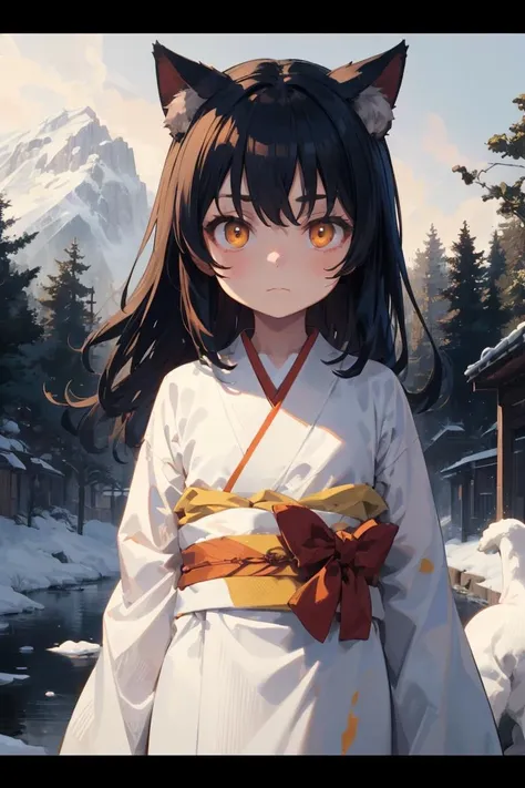 masterpiece, best quality, cinematic composition, cinematic lighting, letterboxed, symmetry:1.3),
BREAK (1girl, solo, standing, upper body, blue hair, cat ears, yellow eyes, long hair, arms at sides, orange eyes, white kimono),
abandoned kitsune shrine in the woods, in the mountains, scenery, landscape, (white theme:1.3)