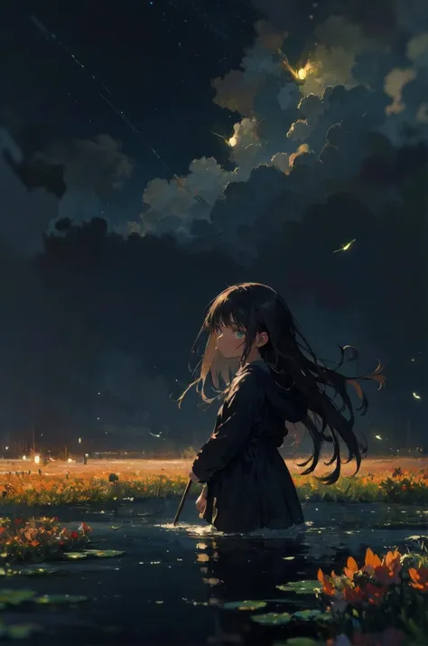 (1girl, solo, colorful, dynamic shot, long hair, sky, wind, red flower, wading), BREAK, (monet color, oil painting, post-impressionist, soft lighting, melancolic, dreamlike, fireflies, night:1.3, storm)