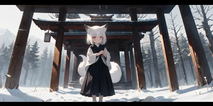 (1girl, solo, standing, foxgirl, white hair, fox ears, orange eyes, blush, smile),