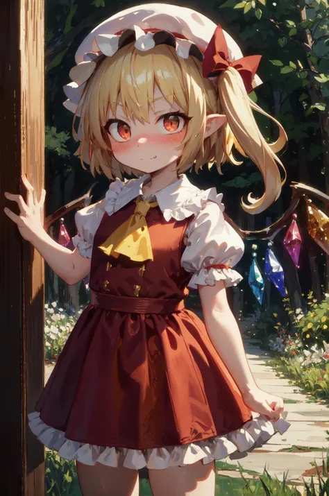 1girl, cute:1.3, blush, flandre scarlet, red dress, yellow ascot, white mob cap, blonde hair, red eyes, smug, fangs, close-up, monet color, standing, forest:1.3, oil painting, post-impressionist, soft lighting, <lora:Akutox-000005:1>