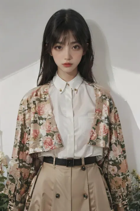Poetic lens,obscure light and shadow,aestheticism,somber film,1girl,emotional depth,Burberry shirt,Burberry skirt,flower,flower field,roses,bloom,<lora:Asian girls faceV2:0.5:face><lora:Burberry:0.8>