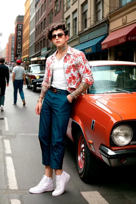 <lora:hook1:0.8> hook, tattoos, urban 1970s feel, retro aesthetic, vintage color palette, urban streetscape background, casual yet stylish, essence of city life in the '70s, cool and relaxed demeanor, throwback fashion, capturing the spirit of a bygone era, streetwise and confident, vintage cars, streets,