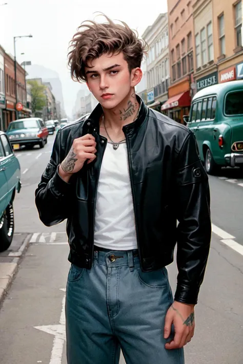 <lora:hook1:0.8> hook, tattoos, wearing a leather jacket, urban 1970s feel, retro aesthetic, vintage color palette, urban streetscape background, casual yet stylish, essence of city life in the '70s, cool and relaxed demeanor, throwback fashion, capturing the spirit of a bygone era, streetwise and confident, vintage cars, streets