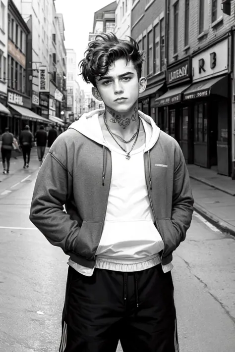 <lora:hook1:0.8> hook, tattoos, wearing a hoodie, urban 1970s vibe, retro aesthetic, streetscape background, vintage color palette, casual yet stylish, essence of city life in the '70s, cool and relaxed demeanor, throwback fashion, capturing the spirit of a bygone era, streetwise and confident