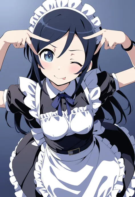 1girl, aragaki ayase ,ore no imouto ga konna ni kawaii wake ga nai ,<lora:ayaseXLv8:0.7>,blue eyes,blue hair, long hair,one eye closed, maid, maid headdress, maid apron, solo,
<lora:oshinokoparodyXL1:0.7>,oshinokoparody,tongue out,double v, simple background, white background, dutch angle, from above, looking at viewer, looking up,
medium quality,