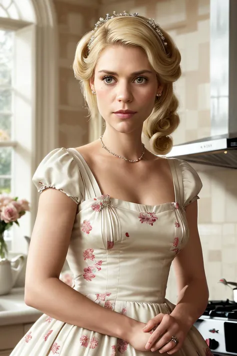 a photo of a vanessaK2 wearing a milk maid dress, (light pink milk maid dress), (upright pin curl hairstyle), (blonde hair), (kitchen background), elegant, highly detailed. vibrant, photorealistic, realistic, sharp focus, 8k