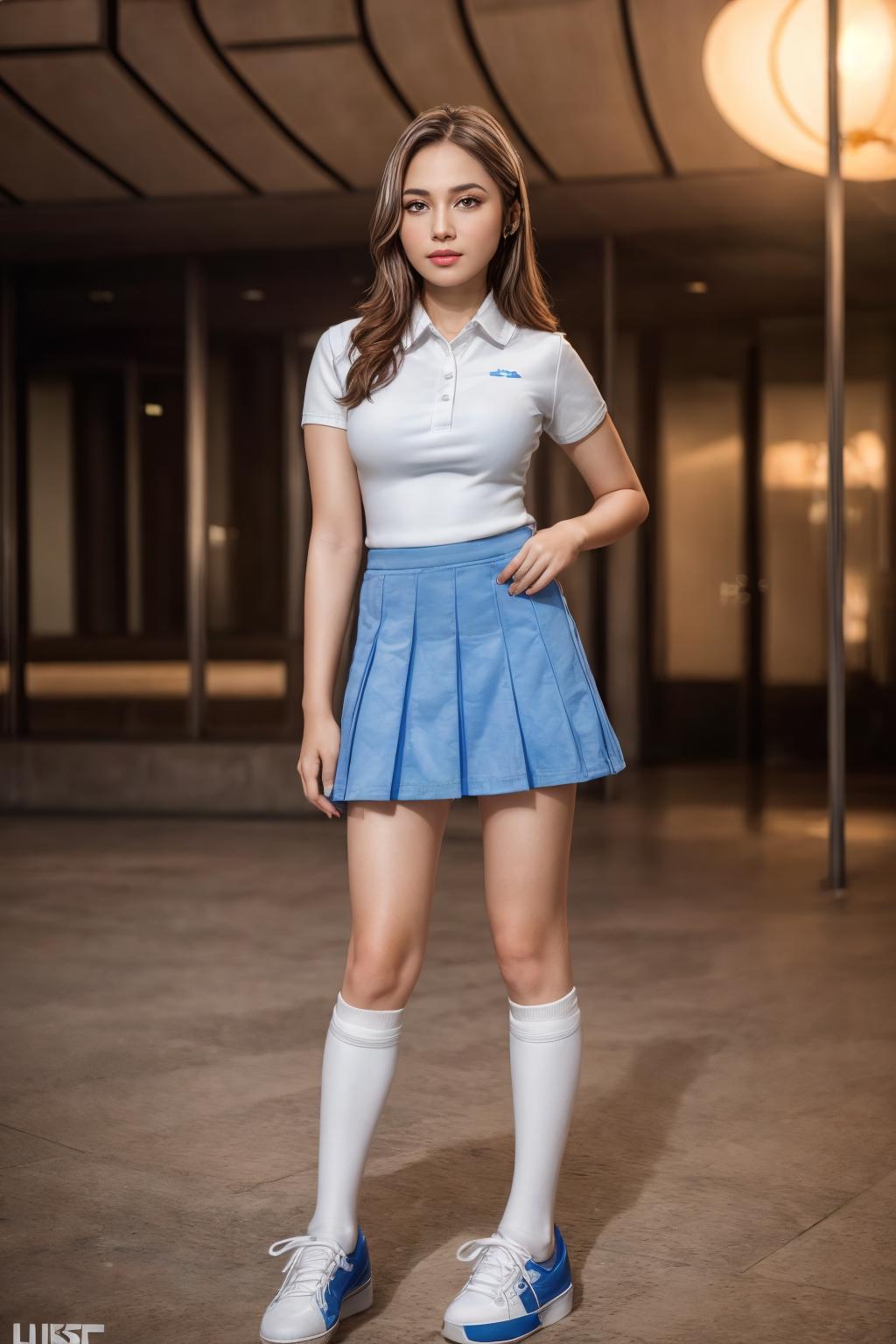 A woman in a blue skirt and white shirt posing for a picture - SeaArt AI