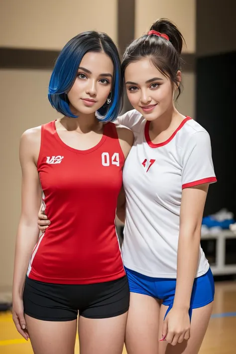 ((masterpiece)),((best quality)),ultra-detailed,illustratio,Explicit,nsfw,Beautiful body,Beautiful Nose,Beautiful character design,perfect eyes,perfect face,wallpaper,ultra highres,4K,photography,(Beautiful, large breasts),(beautiful face:1.2),(beautiful legs, perfect legs),full body,shiny skin,anime screencap,(Perfect finger,Pretty fingers:1.5),(narrow waist),1girl,breasts,solo,blue hair,mature female,blue eyes,volleyball uniform,long hair,ponytail,blush,taut shirt,taut clothes,shorts,sportswear,open mouth,covered nipples,letterboxed,impossible clothes,elbow pads,thighs,collarbone,short shorts,shirt,water,impossible shirt,black shorts,cleavage,curvy,saliva,volleyball,gym shorts,indoors,sweat,((arm around back:1.5))