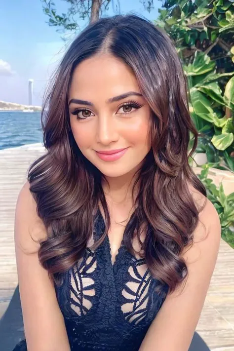 photo of a cute woman, detailed face, detailed skin, eyes, nose, teeth, lips, close up, create an instagram phenomenon, full frame great photos from a distance on a dock on the sea in the greek islands, blur the background, hands prominent facial features clear and flawless. design the photo as a real woman in a see through sundress, ultra detail