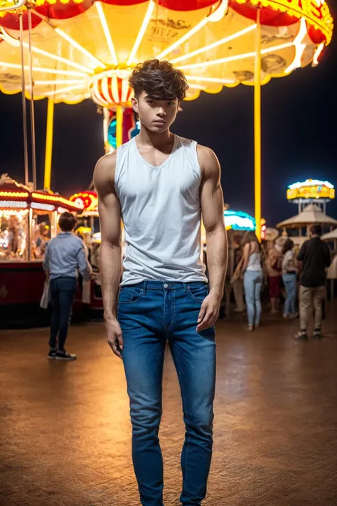 drawing, dramatic, 1boyl, 21 years old athletic body, standing, denim, muscular), (Beach boardwalk, Amusement park, Ferris wheel, Carousel, Arcade, Rollercoaster) <lora:add_detail:1>