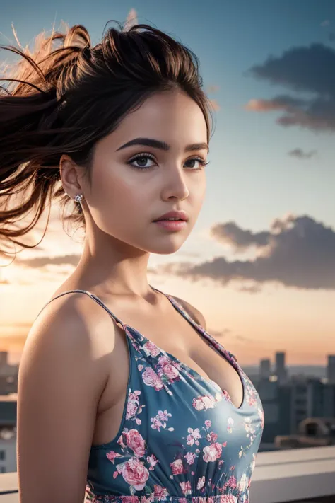 8k cg unity, 1girl, rooftop, cloudy sky, dark sky, wind, floating hair, mini sundress, (floral print), masterpiece, best quality, highly detailed, detailed skin texture, (blush:0.5), (goosebumps:0.5), subsurface scattering