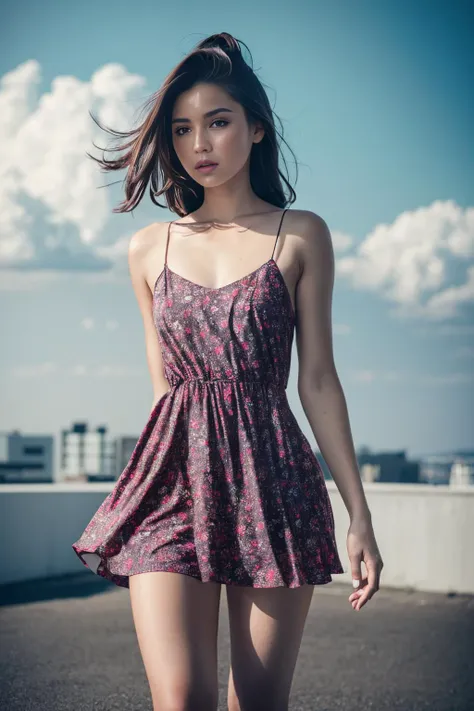 8k cg unity, 1girl, rooftop, cloudy sky, dark sky, wind, floating hair, mini sundress, (floral print), floating skirt, skirt lifted by wind, cowboy shot, masterpiece, best quality, highly detailed, detailed skin texture, (blush:0.5), (goosebumps:0.5), subsurface scattering