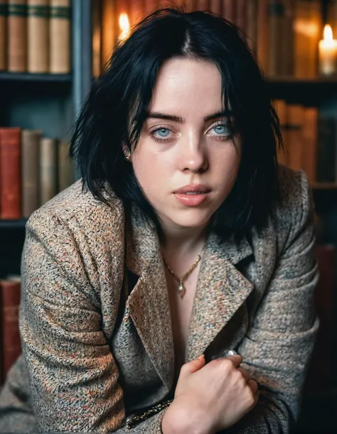 <lora:billie-eilish:0.4> billie eilish, neutral expression, tidy hair, 20 year old woman, detailed skin texture, matte skin, eye contact, comfortable confident expression, black hair
sharp image, best quality, high resolution, (saturated colors:1.2)
(full body shot:1.7)
(crouching:1.7)
(nude, nsfw, uncensored, naked, hard nipple:1.5)
Within the moody interiors of London's old bookshops, a woman in a tweed jacket explores, her curiosity illuminated by candlelight and literary wonders