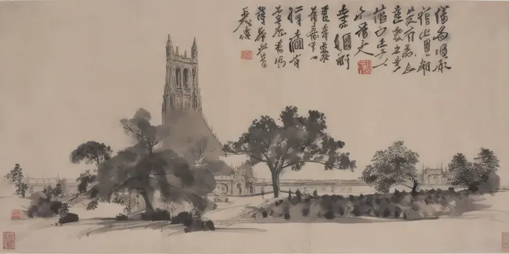 duke, building in front of a lawn, shukezouma, negative space, traditional chinese ink painting,