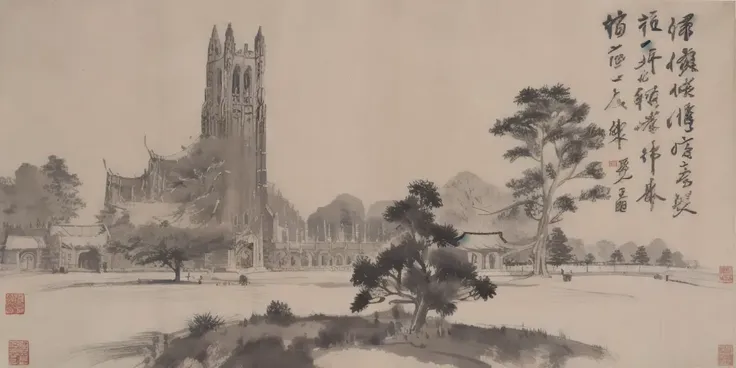 duke, building in front of a lawn, shukezouma, negative space, traditional chinese ink painting,