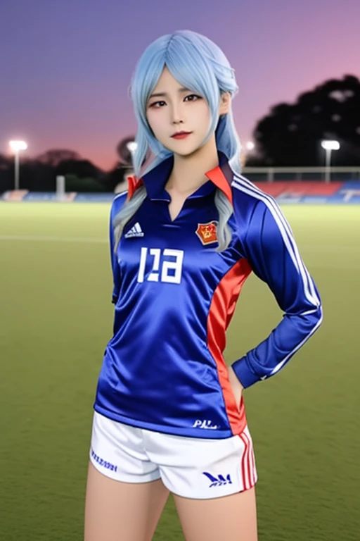 High detail RAW color Photo of 21yo pretty and innocent cosplayer <lora:xiaohuijun:0.8> xiaohuijun as (kishin sagume ) in soccer field, in cold wind, look aside, very small breasts, harsh lighting, cinematic lighting